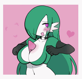 big_breasts blush blush_lines bouncing_breasts breasts cleavage clothed clothing female green_hair hair heart_eyes heart_symbol long_hair looking_at_viewer one_eye_obstructed solo white-stew nintendo pokemon gardevoir generation_3_pokemon humanoid pokemon_(species) animated