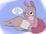 anthro black_eyes blush bodily_fluids bottomless bottomless_anthro bra clothed clothing dialogue female fur genitals grey_body grey_fur holidays mature_anthro mature_female pillow pink_nose purple_bra purple_clothing purple_underwear pussy slightly_chubby slightly_chubby_anthro slightly_chubby_female solo sweat text thick_thighs underwear wide_hips twistedfurby disney mother's_day zootopia bonnie_hopps lagomorph leporid mammal rabbit 2025 english_text hi_res