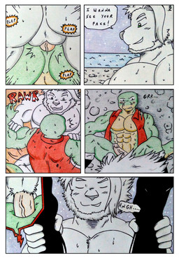 abs anal anal_penetration anthro balls barazoku biceps black_boots black_clothing black_footwear blush blush_lines bodily_fluids boots butt clothing comic_panel dialogue dominant dominant_anthro dominant_male duo erection eyes_closed footwear forced forced_anal fur genitals green_body green_butt green_eyes hair high-angle_view holding_boots holding_clothing holding_footwear holding_object humanoid_genitalia humanoid_penis legwear male male/male male_penetrated male_penetrating male_penetrating_male manly muscular muscular_anthro muscular_male nude obliques onomatopoeia outside outside_sex pecs penetration penile penile_penetration penis plap pushing pushing_down sea seaside sex shoes sound_effects speech_bubble sweat sweatdrop sweaty_chest tail text topwear vein veiny_penis water white_balls white_body white_fur wounded dashthefox albino_(seaborn) nikel felid lion lizard mammal pantherine reptile scalie absurd_res comic english_text hi_res traditional_media_(artwork)