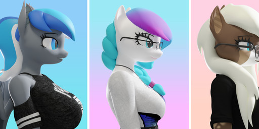 anthro anthrofied blue_eyes blue_hair braided_hair braided_ponytail clothing ear_tuft eyewear female glasses gradient_hair group hair jewelry necklace pink_hair ponytail pupils slit_pupils trio tuft turquoise_hair white_hair anthroponiessfm hasbro my_little_pony aurora_starling diamond_azure fan_character starry_snow_(oc) bat_pony deer earth_pony equid equine horse hybrid mammal pony 3d_(artwork) absurd_res digital_media_(artwork) hi_res