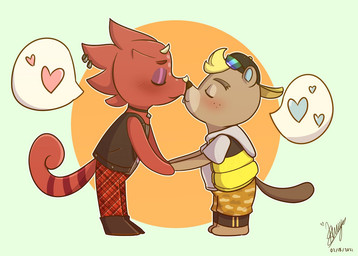 alternative_fashion anthro blonde_hair blush chibi choker clothing duo eyewear hair hand_holding hat headgear headwear heart_symbol jewelry kissing male male/male necklace punk sunglasses gimmesomeducks animal_crossing nintendo c.j._(animal_crossing) flick_(animal_crossing) beaver chameleon lizard mammal reptile rodent scalie