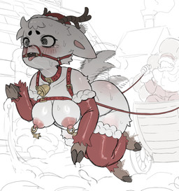 anthro areola bdsm bell bell_collar biped blush bodily_fluids breasts butt clothing collar detailed_background duo eyelashes female fur gag gagged holidays legwear nipple_piercing nipples outside piercing pupils red_clothing reddened_butt sweat tail tail_motion tailwag thick_thighs thigh_highs white_body jingzhou14848 christmas santa_claus zhou_(jingzhou14848) deer mammal new_world_deer reindeer hi_res