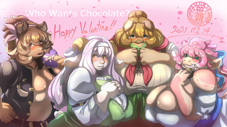 accessory anthro big_breasts black_hair blue_ribbon blush breasts brown_body brown_fur brown_hair cleavage clothed clothing female fur grin group hair hair_accessory hair_ribbon happy_valentine holidays huge_breasts logo long_hair overweight overweight_anthro overweight_female pink_background pink_body pink_fur pink_hair ribbons simple_background smile text wide_hips sasanoha6011 valentine's_day amelia_(sasanoha6011) eleanor_(sasanoha6011) lumeria_(sasanoha6011) yuzuriha_(sasanoha6011) bovid bovine caprine cattle domestic_pig goat mammal suid suine sus_(pig) wild_boar 16:9 2021 artist_logo english_text hi_res widescreen