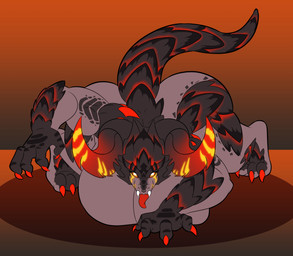4_fingers all_fours big_breasts breasts butt claws female fingers glowing glowing_horn horn huge_breasts looking_at_viewer nude orange_sclera raised_tail simple_background solo tail toe_claws tongue tongue_out white_eyes fallout microsoft deathclaw scalie hi_res
