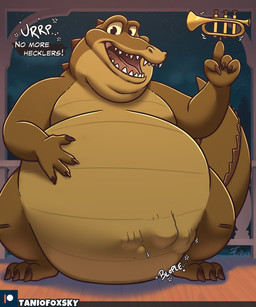 3_toes 4_fingers abdominal_bulge anthro balancing_object belly big_belly brass_instrument brown_finger_claws brown_toe_claws burping casual_nudity claws curling_tail dialogue digestion digestion_noises fangs feet finger_claws fingers glance green_body green_scales huge_belly lines_drawn looking_at_viewer male moobs multicolored_body multicolored_scales musical_instrument nude obese obese_anthro obese_male open_mouth oral_vore overweight overweight_anthro overweight_male patreon_logo patreon_username raised_tail scales shadow sharp_teeth smile smiling_at_viewer solo sound_effects spikes spikes_(anatomy) standing tail talking_to_viewer teeth text thick_tail toe_claws toes trumpet two_tone_body two_tone_scales ventral_scales vore white_text wind_instrument yellow_belly yellow_body yellow_chest yellow_scales yellow_underbelly tanio disney patreon the_princess_and_the_frog louis_(tpatf) alligator alligatorid crocodilian reptile scalie 2025 5:6 artist_name colored digital_drawing_(artwork) digital_media_(artwork) english_text hi_res shaded