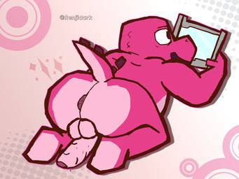 anthro anus backsack balls biped butt erection featureless_feet feet genitals humanoid_genitalia humanoid_penis male penis pink_body slightly_chubby solo tablet_computer tail two_tone_feet renjidarkmimus gameoverse glitch_productions gobbles_(gameoverse) dinosaur prehistoric_species reptile scalie 2026 4:3 hi_res