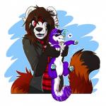 ambiguous_gender anthro black_nose clothed clothing duo feral fur open_mouth purple_body purple_fur simple_background standing teeth citrinelle ailurid mammal red_panda 2016 digital_media_(artwork) hi_res