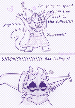 2_fingers 2_panel_comic ;3 anthro badge belt boots checkered checkered_background cheek_tuft claws clothed clothed_anthro clothed_female clothing dialogue dot_eyes emote excited exclamation_point eyelashes facial_tuft fangs female female_anthro finger_claws fingers footwear half-closed_eyes hat hat_on_ear headgear headwear heart_symbol horn long_tail looking_at_viewer mouthless narrowed_eyes open_mouth open_smile pattern_background purple_eyelids purple_eyes purple_line_art raised_hands robe shoes short_horn simple_background simple_eyes small_horn smile solo standing star_(shape) tail teeth text tired_eyes tuft witch_hat gaypastabake pasta_(gaypastabake) domestic_cat felid feline felis mammal 2025 absurd_res colored_line_art comic digital_drawing_(artwork) digital_media_(artwork) english_description english_text guide_lines hi_res