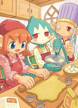 anthro apron blue_eyes blush clothing cooking fur green_body green_fur group inside kemono kitchen kitchen_utensils male one_eye_closed red_apron red_clothing red_eyes tools trio young young_anthro young_male amber_graygamma bandai_namco klonoa_(series) king_of_sorrow lolo_(klonoa) the_high_priestess 2024 hi_res