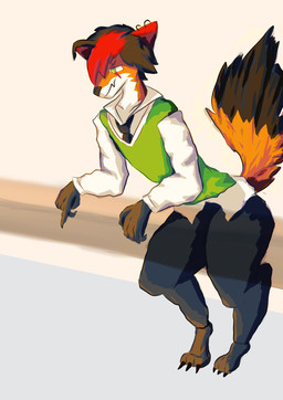 alternative_fashion anthro clothing dark_tail_tip dipstick_tail emo fox_tail fur green_eyes hair male male/male markings necktie orange_body orange_fur piercing red_hair rogue school_uniform solo supported_arm tail tail_markings uniform felimino canid canine fox mammal absurd_res hi_res