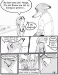 anthro baby bonnie_hopps canid canine clothed clothing comic convenient_censorship dialogue dipstick_ears disney ear_markings english_text female food fox fur furniture greyscale group hi_res judy_hopps lagomorph leporid male mammal monochrome multicolored_ears navel nick_wilde rabbit red_fox stu_hopps table text the_gory_saint true_fox young zootopia