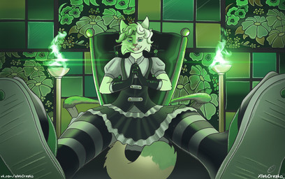 bottomwear clothed clothing colored_fire crossdressing crossed_hands fire flip_flops footwear gloves green_background green_fire hair handwear legwear light_hair long_tail looking_at_viewer maid_uniform male pattern_clothing pattern_legwear pattern_stockings sandals shoes short_hair simple_background sitting skirt solo stockings striped_clothing striped_legwear striped_stockings stripes tail text uniform flops xleb0rezka animal_humanoid cat_humanoid felid felid_humanoid feline feline_humanoid humanoid mammal mammal_humanoid hi_res url