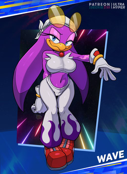 5_fingers anthro beak bedroom_eyes big_breasts blue_eyes blush bottomwear bracelet breasts clothing crop_top curvy_figure eyelashes female fingers footwear gloves handwear headgear headkerchief headwear jewelry kerchief looking_at_viewer midriff narrowed_eyes navel necklace non-mammal_breasts non-mammal_navel pants purple_body seductive shirt shoes simple_background solo tattoo thick_thighs thong_straps topwear voluptuous ultrahyper patreon sega sonic_racing:_crossworlds sonic_riders sonic_the_hedgehog_(series) subscribestar wave_the_swallow avian babylonian_(sonic) bird hirundinid oscine passerine swallow_(bird) digital_drawing_(artwork) digital_media_(artwork) hi_res signature