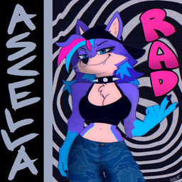 abstract_background anthro backwards_cap big_breasts black_background black_clothing black_hat black_headwear black_nose black_shirt black_topwear blue_body blue_bottomwear blue_clothing blue_eyes blue_fur blue_hair blue_pants bottomwear breasts cargo_pants chest_tuft cleavage clothed clothing collar countershade_accent countershading crop_top fang_out female fur furgonomics gesture gloves_(marking) hair half-closed_eyes hand_gesture hat headgear headwear markings multicolored_body multicolored_fur multicolored_hair narrowed_eyes one_fang pants pink_hair purple_body purple_fur purple_hair shirt simple_background smug smug_face smug_grin solo spiked_collar spikes spiral_background tan_body tan_countershading tan_fur text topwear tuft v_sign suscat_(artist) ascella canid canine canis mammal wolf 1:1 absurd_res artist_name english_text hi_res signature