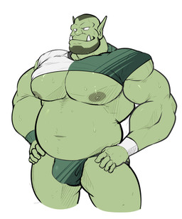 beard belly biped bulge clothed clothing facial_hair hands_on_hips male musclegut muscular nipples not_furry pecs raised_clothing raised_shirt raised_topwear shirt simple_background solo thong topwear underwear white_background maldu humanoid orc absurd_res hi_res portrait three-quarter_portrait