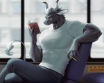 anthro black_body black_fur book bottomwear clothing fur hair holding_object holding_pen horn looking_at_book looking_at_object male muscular muscular_anthro muscular_male pants pen reading reading_book shirt sitting solo t-shirt topwear white_hair sd_planb bovid bovine cattle mammal