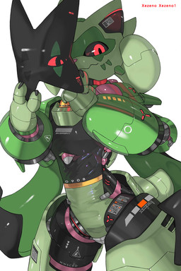 anthro claws female green_body looking_at_viewer machine mask red_eyes solo xezeno nintendo pokemon domestic_cat felid feline felis generation_9_pokemon mammal meowscarada pokemon_(species) robot hi_res
