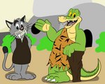 3_toes 4_fingers anthro barefoot biped caveman clothed clothing duo feet fingers green_body grey_body outside slightly_chubby toes jolly_the_lizard brok_the_investigator cowcat_games brok_(brok_the_investigator) graff_filsh alligator alligatorid crocodilian domestic_cat felid feline felis mammal reptile scalie 2021 hi_res