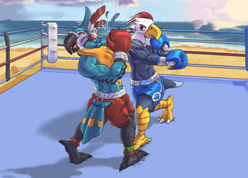 3_toes 4_toes abs accessory anisodactyl anthro avian_feet beach beak biceps black_beak black_claws blue_body blue_bottomwear blue_clothing blue_feathers blue_shorts bottomwear boxing boxing_gloves boxing_trunks brown_eyes bruised claws clothed clothing duo feathers feet fighting_ring furgonomics grey_body grey_feathers handwear male multicolored_body multicolored_feathers muscular muscular_anthro muscular_male open_beak open_mouth punch red_bottomwear red_clothing red_shorts sand sea seaside shorts sport tail tail_feathers talons toe_claws toes topless water white_body white_claws white_feathers y-dactyl yellow_beak yellow_body yellow_eyes yellow_feathers dcheese animal_crossing breath_of_the_wild nintendo the_legend_of_zelda apollo_(animal_crossing) kass_(tloz) accipitrid accipitriform avian bald_eagle bird eagle rito sea_eagle 2020 crossover digital_media_(artwork) hi_res