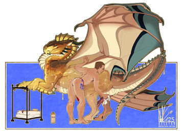 bestiality biped bronze brown_hair butt claws crotch_apron digitigrade erection feral finger_claws genitals hair human_on_feral interspecies leg_tattoo long_neck male male/male male_on_feral membrane_(anatomy) membranous_wings penis quadruped short_hair tail tattoo text toe_claws washing_another wings heskynn european_mythology mythology keden dragon human mammal mythological_creature mythological_scalie scalie 2025 url watermark trans_(lore) trans_man_(lore)