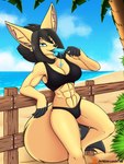 abs anthro beach bent_leg big_breasts bikini biped black_bikini black_body black_clothing black_fur black_hair black_markings black_nose black_swimwear black_tail_tip black_tongue blue_sky breasts cheek_tuft cleavage clothed clothed_anthro clothed_female clothing cloud day detailed_background dipstick_tail dripping facial_tuft female female_anthro fence fingerless_(marking) food fur hair holding_food holding_object holding_popsicle humanoid_hands inner_ear_fluff leaning leg_tuft licking long_ears looking_at_viewer markings midriff muscular muscular_anthro muscular_female navel one_leg_up open_mouth outside palm_tree plant popsicle raised_leg sand sea seaside short_hair sidelocks sky spiky_hair swimwear tail tail_markings tan_body tan_fur text tongue tongue_out tree tuft two-piece_swimsuit water lamont786 patreon fenavi_montaro canid canine fox mammal digital_drawing_(artwork) digital_media_(artwork) english_text hi_res shaded soft_shading url herm_(lore)