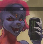 5_fingers >:d anthro anthrofied bangs beverage beverage_can biped black_eyebrows black_nose can cheek_tuft claws container detailed_background ear_piercing ear_ring energy_drink evil_grin eyebrows eyelashes facial_tuft fangs female finger_claws fingers forehead_gem freckles front_view fur gem grin hair hair_over_eye head_tuft holding_can holding_container holding_object insane looking_at_viewer neck_tuft one_eye_obstructed open_mouth open_smile piercing pokemorph red_eyes red_hair ring_piercing selfie smile smiling_at_viewer solo teeth text thick_eyelashes three-quarter_view tongue tuft white_claws cinnahbunn kill_(meme) monster_energy nintendo pokemon snapchat fan_character fang_the_weavile generation_4_pokemon mammal pokemon_(species) weavile 2023 digital_media_(artwork) digital_painting_(artwork) hi_res meme painting_(artwork) reaction_image