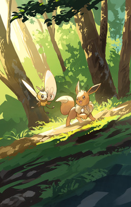 ambiguous_gender brown_body brown_eyes brown_fur duo female feral flying forest forest_background fur grass insect_wings nature nature_background open_mouth paws plant raised_leg smile tail tongue tree wings yellow_body hakkentai_pkdn nintendo pokemon pokemon_mystery_dungeon spike_chunsoft eevee generation_1_pokemon generation_7_pokemon humanoid pokemon_(species) ribombee 2025 hi_res
