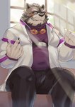 anthro black_nose bottomwear clothing detailed_background humanoid_hands kemono male overweight overweight_male pants shirt sitting solo topwear 44odosi lifewonders live_a_hero viscunam mammal procyonid raccoon 2023 absurd_res hi_res