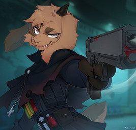 anthro biped claws clothed clothed_anthro clothed_male clothing fingers front_view fur gun hair horn looking_at_viewer male ranged_weapon smile solo standing tail teeth weapon amarihel bovid caprine goat mammal 2026 digital_drawing_(artwork) digital_media_(artwork) hi_res