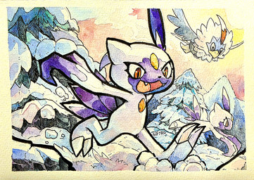 claws dusk feathers feral forest group male mountain open_mouth plant purple_claws red_eyes running snow tree white_body blitzdrachin conditional_dnp nintendo pokemon avian felid feline generation_2_pokemon generation_5_pokemon hisuian_form mammal pokemon_(species) regional_form_(pokemon) rufflet sneasel hi_res painting_(artwork) traditional_media_(artwork) traditional_painting_(artwork) traditional_watercolor_(artwork) watercolor_(artwork)