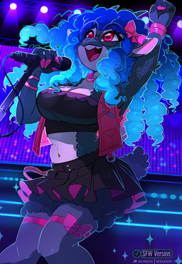 anthro biped blue_hair bottomwear breasts cleavage clothed clothed_anthro clothed_female clothing countershade_torso countershading electronics eyewear female fingers front_view fully_clothed fully_clothed_anthro fully_clothed_female fur glasses hair horizontal_pupils inside long_hair microphone navel pupils round_glasses smile solo tail teeth tongue topwear wearing_glasses skeleion serenity_(laggyb0i) bovid caprine mammal sheep 2026 digital_drawing_(artwork) digital_media_(artwork) hi_res