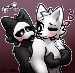 after_transformation anthro anthro_on_anthro bedroom_eyes black_body black_fur blush breast_grab breasts crossgender dark_body duo female fur gender_symbol gender_transformation hand_on_breast heart_symbol looking_back male male/female mask mtf_crossgender narrowed_eyes seductive sex symbol transformation velixx changed_(video_game) lin_(changed) puro_(changed) canid canine canis dark_latex latex_creature mammal wolf hi_res