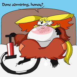 air_inflation anthro bed bedroom belly belly_blush big_belly blush body_blush female furniture hose hose_inflation inflation mature_female on_bed pump sitting sitting_on_bed solo speech_bubble spread_legs spreading skyhighbaa movieunleashers nintendo pokemon delphox generation_6_pokemon pokemon_(species) 1:1