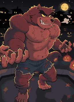anthro biped bottomwear brown_body brown_fur claws clothing detailed_background eyebrows feet full_moon fur jack-o'-lantern male male_anthro moon multicolored_body multicolored_fur muscular muscular_anthro muscular_male navel night open_mouth sharp_teeth shorts solo tail teeth three-quarter_view torn_bottomwear torn_clothing torn_shorts tuft two_tone_body two_tone_fur yellow_sclera soildweller mythology brent_(werewolfyaoi) canid canine mammal mythological_canine mythological_creature werecanid werecanine werecreature werewolf digital_drawing_(artwork) digital_media_(artwork) full-length_portrait hi_res portrait