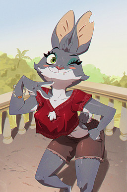 anthro areola areola_outline barefoot blush bottomwear bracelet claws clothing countershade_feet countershading crop_top detailed_background eyelashes fangs feet female finger_claws fur gesture green_eyes grey_body grey_fur hand_gesture hand_on_hip head_tuft jewelry long_ears looking_at_viewer midriff nipple_outline notched_ear one_eye_closed paws puffy_areola shirt shorts smile solo teeth topwear tuft v_sign wink winking_at_viewer ruffu unnamed_character lagomorph leporid mammal rabbit digital_drawing_(artwork) digital_media_(artwork) portrait three-quarter_portrait