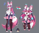 :3 anthro anthrofied armwear big_breasts big_tail biped blue_ears blue_hair blue_nose breasts chibi claws cleavage clothed clothing cute_fangs fangs female grey_background hair huge_tail inner_ear_fluff kemono legwear multicolored_body multicolored_ears multicolored_hair multicolored_tail navel nun nun_outfit open_:3 open_mouth open_smile paws pink_body pink_ears pink_tail red_eyes side_boob simple_background smile solo spiral_eyes standing stockings tail teeth thick_thighs tuft under_boob white_body white_ears white_tail wide_hips rtari liveruli vtuber rosetta_(liveruli) canid canine fox mammal absurd_res hi_res model_sheet official_art sketch