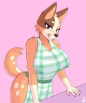 anthro apron apron_only big_breasts breasts butt cheek_tuft chest_tuft clothing curvy_figure dipstick_arms exposure_variation eyebrows facial_tuft female green_clothing inner_ear_fluff licking licking_lips looking_at_viewer mostly_nude multicolored_body nipple_outline pink_background simple_background solo spots tail thick_eyebrows tongue tongue_out tuft voluptuous conditional_dnp whitev bluey_(series) chilli_heeler australian_cattle_dog canid canine canis cattledog domestic_dog herding_dog mammal pastoral_dog 2023 5:6 absurd_res hi_res portrait signature three-quarter_portrait