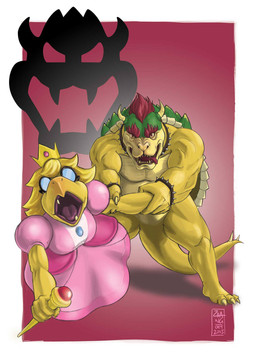 arm_grab arm_pull aroused_face bowser_logo clothed clothing cosplay crossdressing crown dress duo eyewear glasses hair headgear horn imminent_rape imminent_sex male male/male red_hair screaming tongue tongue_out wand michael_zhang mario_bros nintendo bowser kamek princess_peach dragon_koopa koopa magikoopa scalie 2015 dated hi_res signature