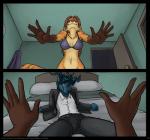2015 anthro antlers bed bedroom black-kitten blue_body blue_eyes blue_fur blue_hair bottomless bra breasts brown_body brown_fur brown_hair canid canine chris_(chris13131415) clothed clothing comic deer dominant dominant_pov double_pov duo female female_pov first_person_view fox fur furniture gloves_(marking) hair heterochromia horn inside jenny_(chris13131415) long_hair looking_at_viewer lying male male_pov mammal markings on_back orange_body orange_fur red_eyes romantic romantic_couple standing submissive submissive_pov underwear