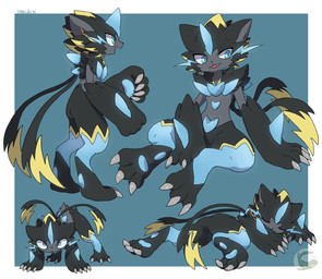 all_fours ambiguous_gender anthro black_body black_fur blue_pawpads fur lying multiple_poses on_front pawpads pose simple_background sitting solo standing mochiri nintendo pokemon generation_9_pokemon legendary_pokemon mega_evolution mega_zeraora pokemon_(species) absurd_res hi_res tagme