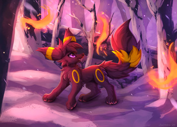 brown_body brown_fur brown_hair brown_nose cheek_tuft claws facial_tuft female feral fire fluffy fluffy_tail forest forest_background fur fur_markings hair looking_back markings nature nature_background pawpads plant purple_eyes short_hair smile snow solo standing tail tree tuft yellow_body yellow_fur joeumbre nintendo pokemon fan_character rita_(joeumbre) canid canine eeveelution generation_2_pokemon mammal pokemon_(species) umbreon hi_res