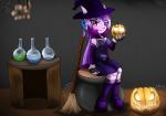 2017 anthro aquatic_dragon biped black_nose breasts broom cleaning_tool clothed clothing dragon female food freedom_planet fruit galaxytrail hair halloween holidays horn jack-o'-lantern kenjikanzaki05 looking_at_viewer magic_user marine mythological_creature mythological_scalie mythology non-mammal_breasts plant pumpkin purple_hair sash_lilac scalie sitting solo spider_web witch