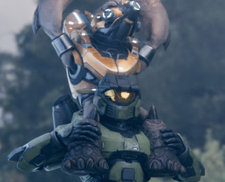 4_toes faceless_character faceless_female faceless_human feet female female_human full_armor gas_mask grey_body grey_scales hands_above_head larger_female larger_human male mask raised_arms scales shoulder_ride sitting_on_shoulders size_difference smaller_male toes silent_sfm halo_(series) microsoft xbox_game_studios alien human mammal unggoy 3d_(artwork) colored digital_media_(artwork)
