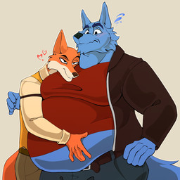 anthro belly belly_grab belly_overhang belt big_belly blush bottomwear clothing duo fur grey_body grey_fur heart_symbol huge_belly jacket male male/male moobs obese obese_male orange_body orange_fur overweight overweight_male pants shirt simple_background smile sweatdrop_(iconography) tan_background tight_clothing topwear vest white_body white_fur lichinthesystem don't_eat_the_neighbours fox_(don't_eat_the_neighbours) wolf_(don't_eat_the_neighbours) canid canine canis fox mammal wolf 1:1 2026 hi_res
