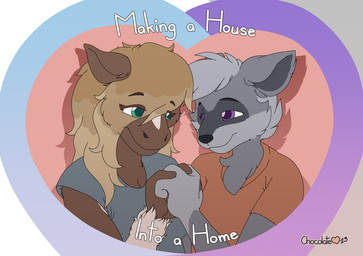 anthro border brown_body brown_fur caption duo eye_contact eye_through_hair female fur green_eyes grey_body grey_fur hair hand_holding looking_at_another male male/female purple_eyes romantic romantic_couple translucent translucent_hair white_border chocolatekitsune equid equine horse mammal procyonid raccoon