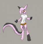 2016 anthro bottomwear chris_sketch clothed clothing crossgender dreamkeepers fur grey_background hair hi_res long_tail male mammal pink_body pink_fur pink_hair shorts simple_background solo tail viriathus_vayu
