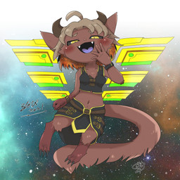 anthro belt black_sclera blush bottomwear bracelet breasts brown_body brown_fur brown_hair claws clothed clothing clothing_lift cosmic_background crop_top fangs female floating fur hair horn humanoid_hands jewelry long_tail looking_at_viewer looking_down midriff narrowed_eyes navel open_mouth paws shirt skirt skirt_lift smile smug smug_face smug_grin solo space space_background tail teeth text topwear young young_anthro doneru canid canine canis demon hybrid mammal wolf 1:1 absurd_res hi_res japanese_text signature