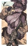 abs anthro athletic athletic_female automatic_rifle big_breasts black_body black_fur black_hair blush bodily_fluids breasts clothing female female_anthro fur green_eyes hair holding_object holding_weapon looking_at_viewer military_uniform solo uniform weapon iepelppa canid canine canis mammal wolf absurd_res hi_res