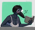 anthro beak black_body black_hair blue_eyes book breasts clothed clothing eyewear female fingers glasses hair holding_object reading shirt simple_background solo tank_top text topwear cayugo avian bird corvid corvus_(genus) crow oscine passerine absurd_res digital_media_(artwork) english_text hi_res