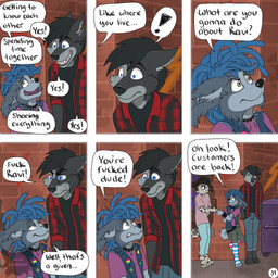 against_surface against_wall alley angry anthro barefoot black_hair blue_hair bottomwear clothed clothing collar creepy_smile dialogue dumpster ears_back excited exclamation_point eye_contact eyebrow_piercing facial_piercing feet flannel_shirt fur grey_body grey_fur group hair looking_at_another male name_in_dialogue nose_piercing page_number pants piercing pink_clothing pink_shirt pink_topwear pivoted_ears realization sad serious shirt six_frame_image smile speech_bubble spiked_collar spikes standing text toothy_grin topwear trio vest worried kriek_wildebeest background_character parker_(kriek_wildebeest) tom_(kriek_wildebeest) bird_dog canid canine canis cavalier_king_charles_spaniel dalmatian domestic_dog hunting_dog husky mammal nordic_sled_dog spaniel spitz toy_dog wolf 1:1 comic english_text hi_res multiple_scenes